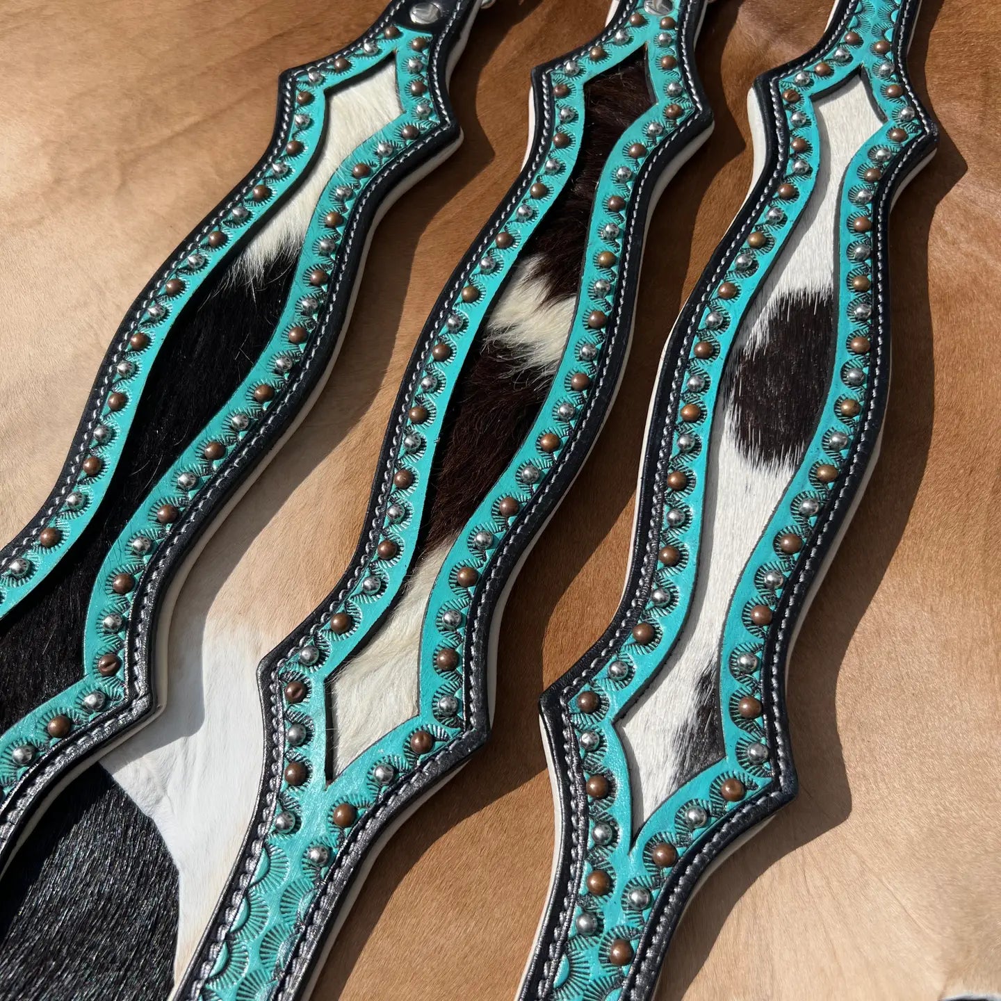 Western Hair On Cowhide Scalloped Turquoise Dog Collar