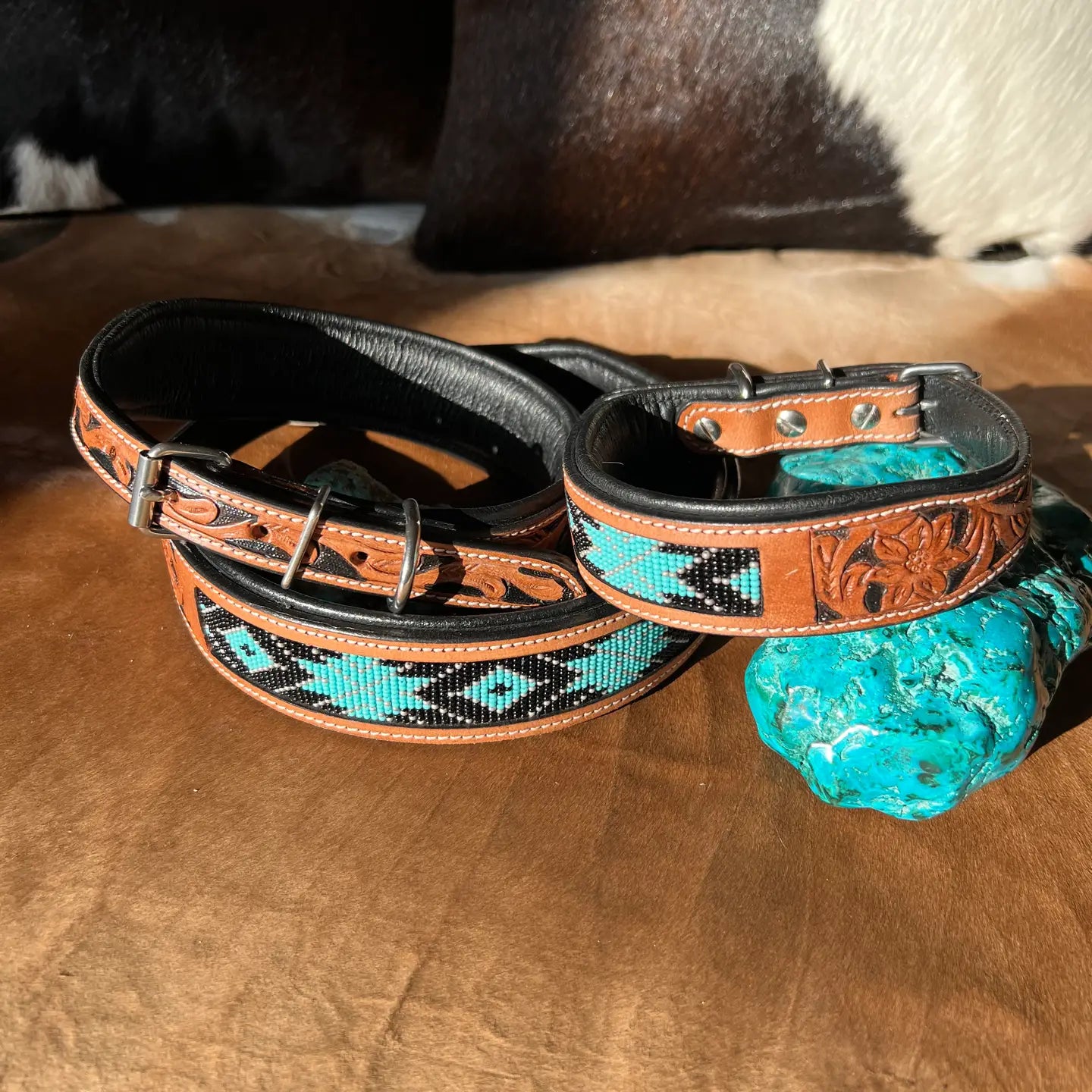 Western Leather Turquoise Black Beaded Bling Dog Collar