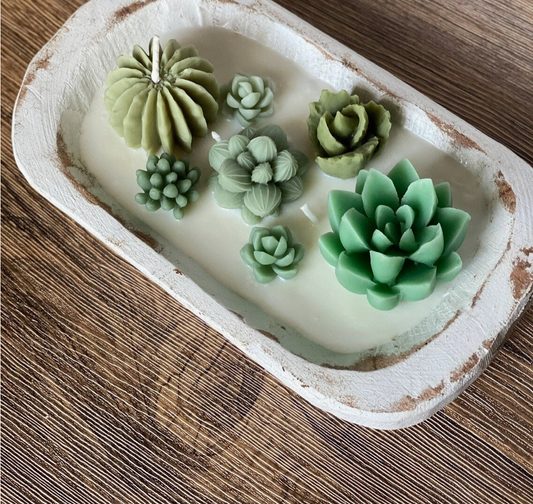 Scented Cactus Garden Candle in Wooden Bowl