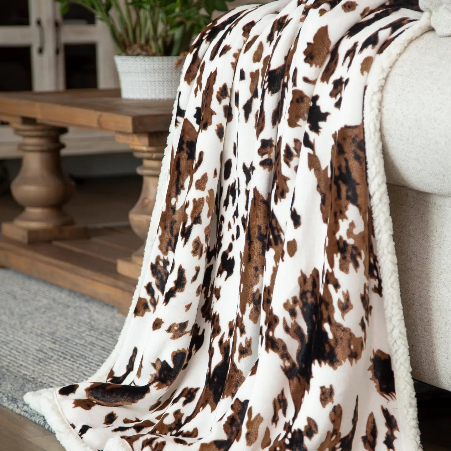 Tri-Color Cowhide Plush Throw